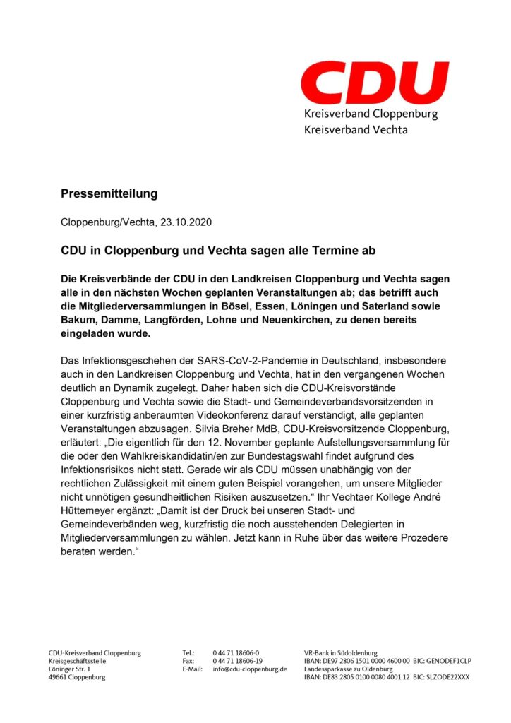 CDU in Cloppenburg und Vechta sagen alle Termine ab