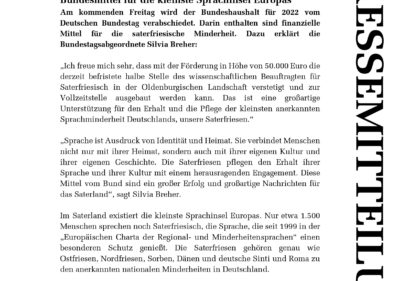 PM SB Bundesmittel für die kleinste Sprachinsel Europas 010622